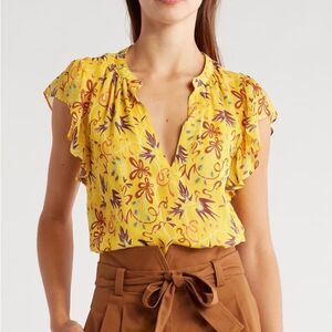 NWT A.L.C. Birds of Paradise 100% Silk Yellow Top Blouse Floral Size M
